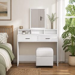 Elegant White Dressing Table with Mirror and Storage Drawers
