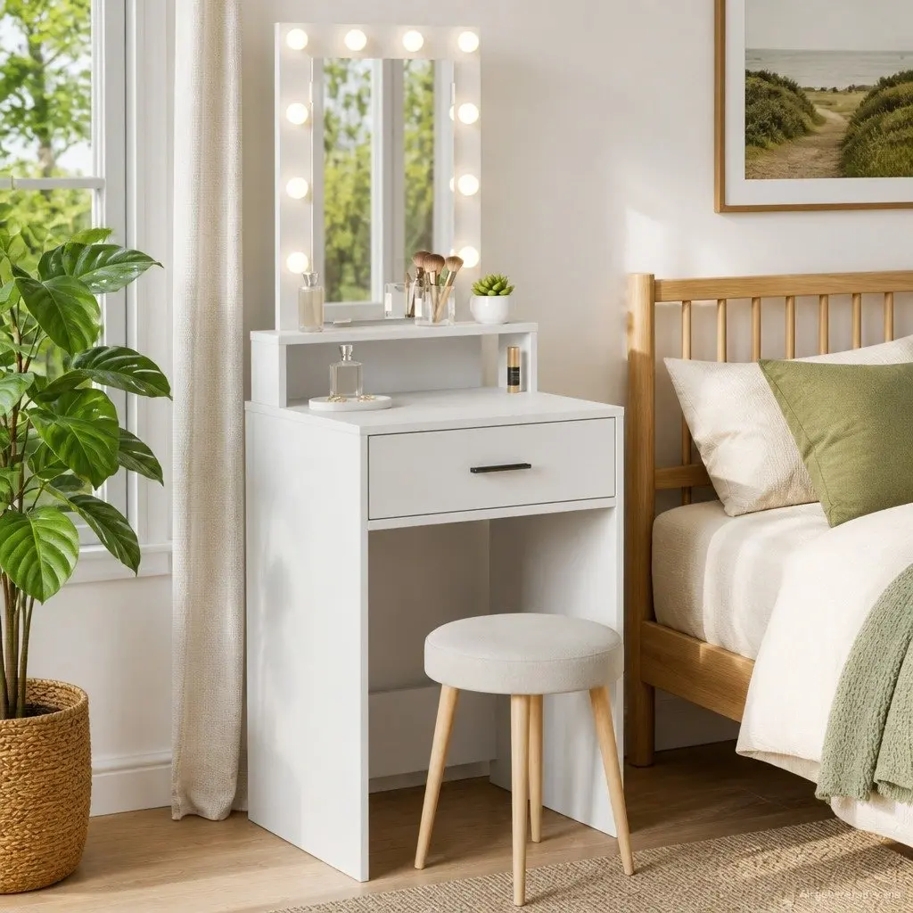 White Dressing Table with LED Mirror and Storage