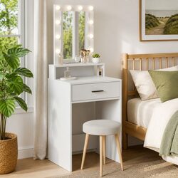 Modern White Dressing Table with LED Mirror and Storage