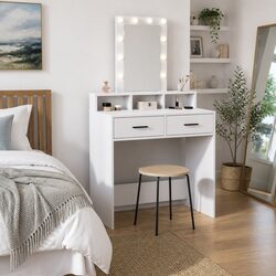 Elegant White Dressing Table with LED Mirror and Storage