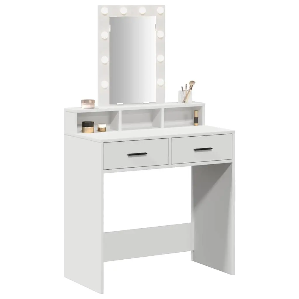 Dressing Table White Modern Vanity Unit with Mirror LED Lights Drawers Storage Engineered Wood