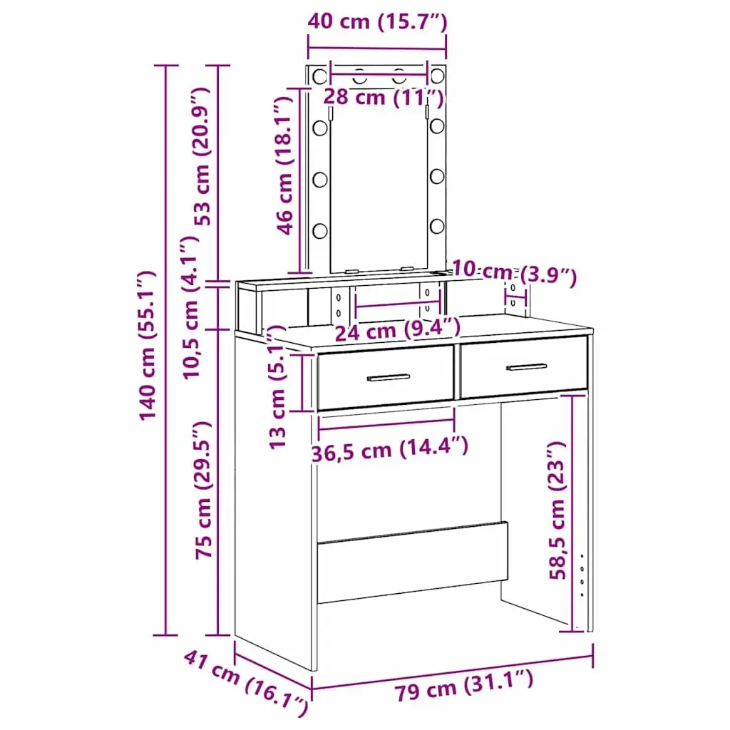 Dressing Table White Modern Vanity Unit with Mirror LED Lights Drawers Storage Engineered Wood