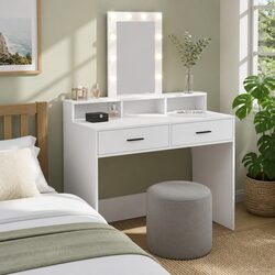 Elegant White Dressing Table with LED Mirror and USB Port