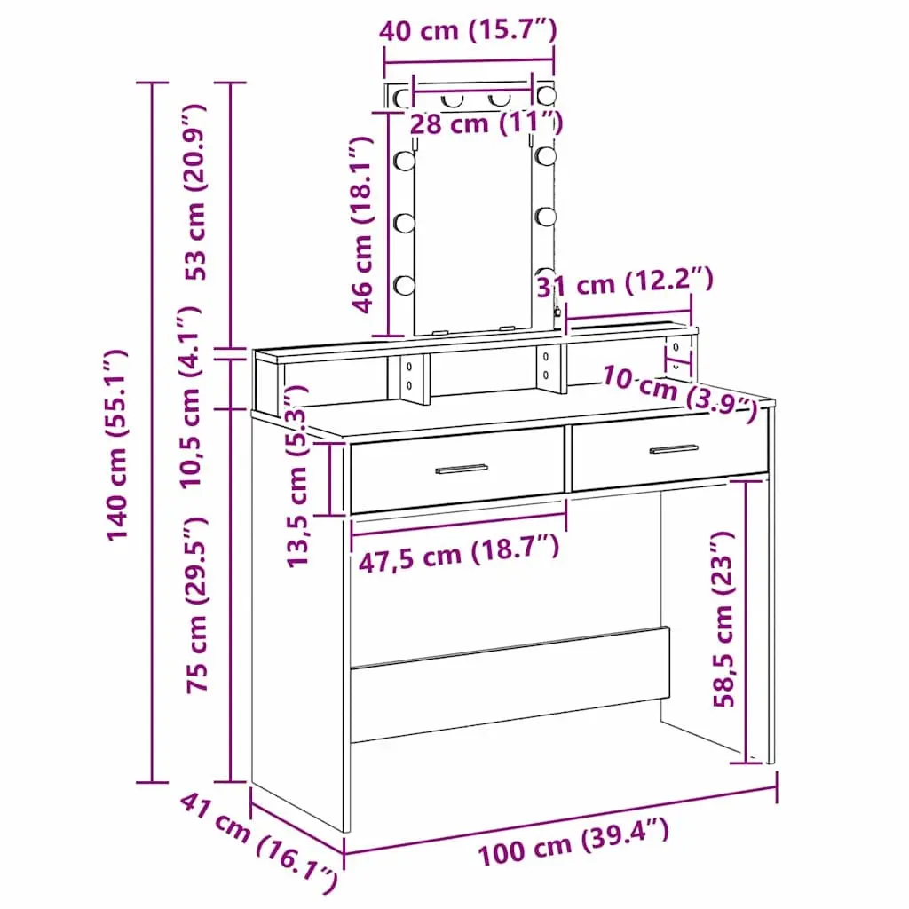 White Dressing Table with LED Mirror and USB Port