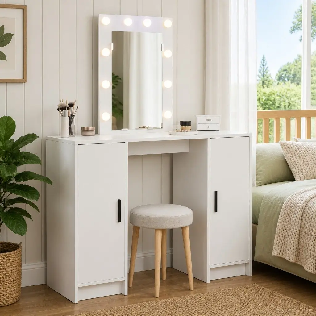 White Dressing Table with LED Lights and Mirror