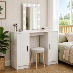 White Dressing Table with LED Lights and Mirror