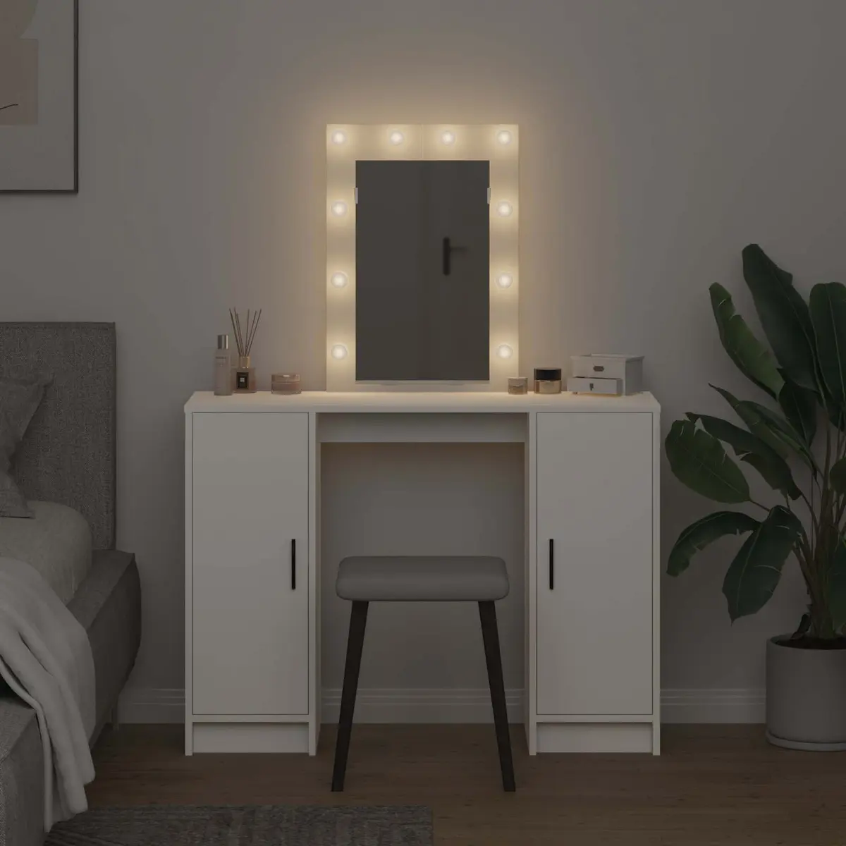 White Dressing Table with LED Lights and Mirror