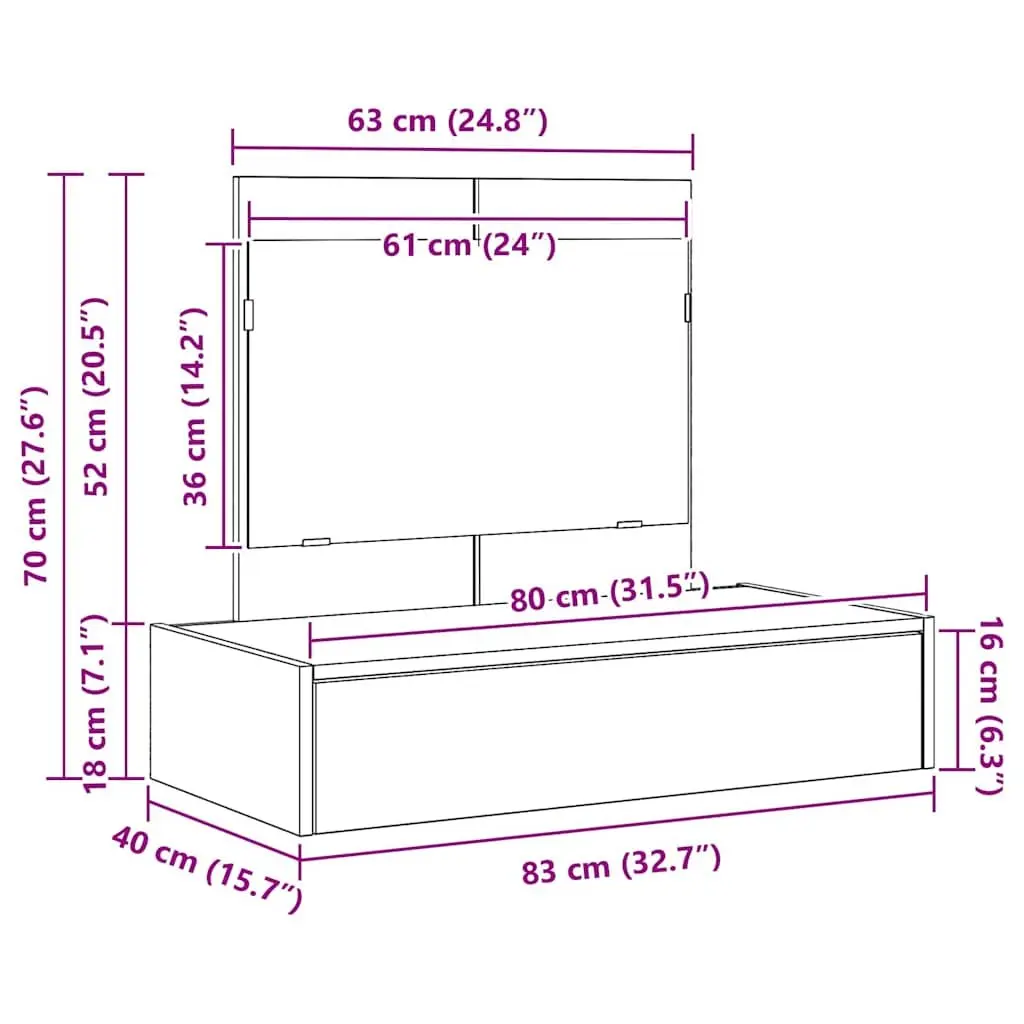 White Modern Dressing Table with Integrated Mirror 83x40x70cm
