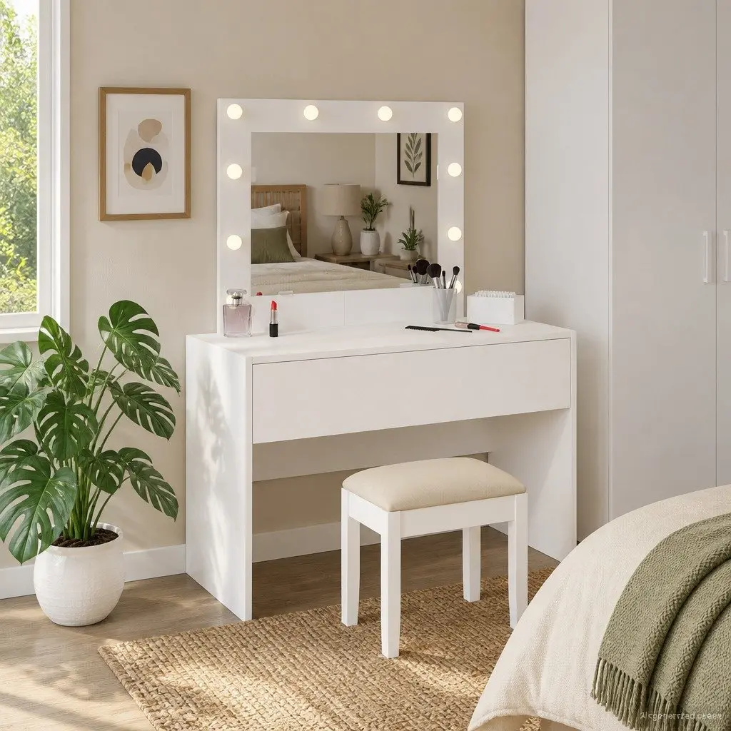 White Dressing Table with Mirror and Drawers