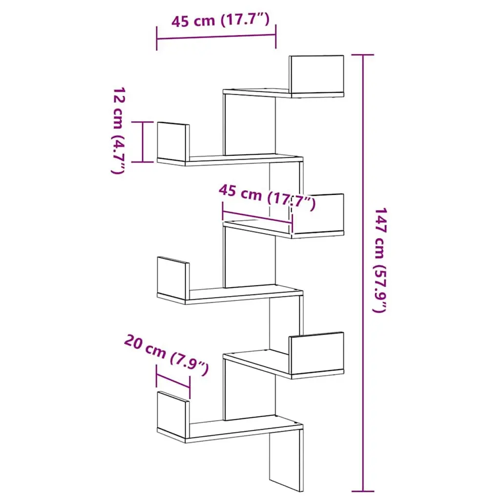Wall Corner Shelf Black Oak Tiered Storage Display Organiser 45 x 45 x 147 cm Engineered Wood