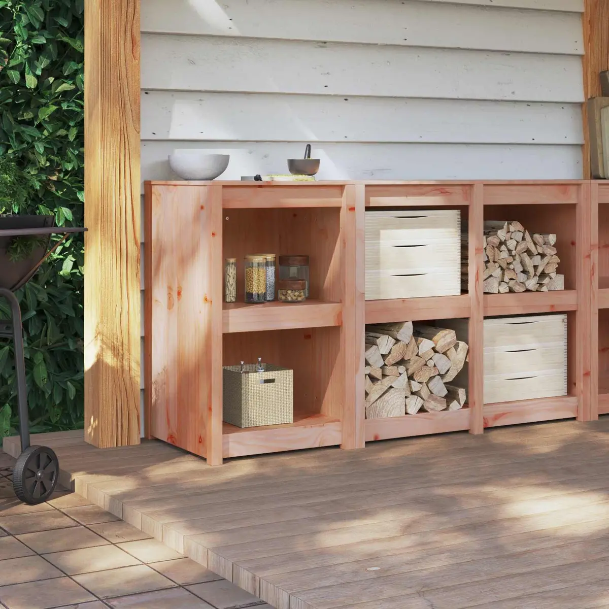 Brown Oak Kitchen Cabinet with Minimalist Shelving Unit