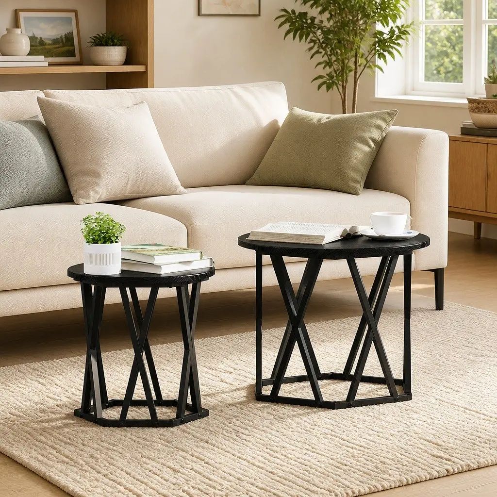 Round Black Modern Side Table Set of 2 for Living Rooms