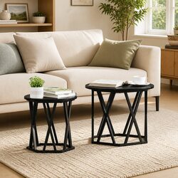 Round Black Modern Side Table Set of 2 for Living Rooms