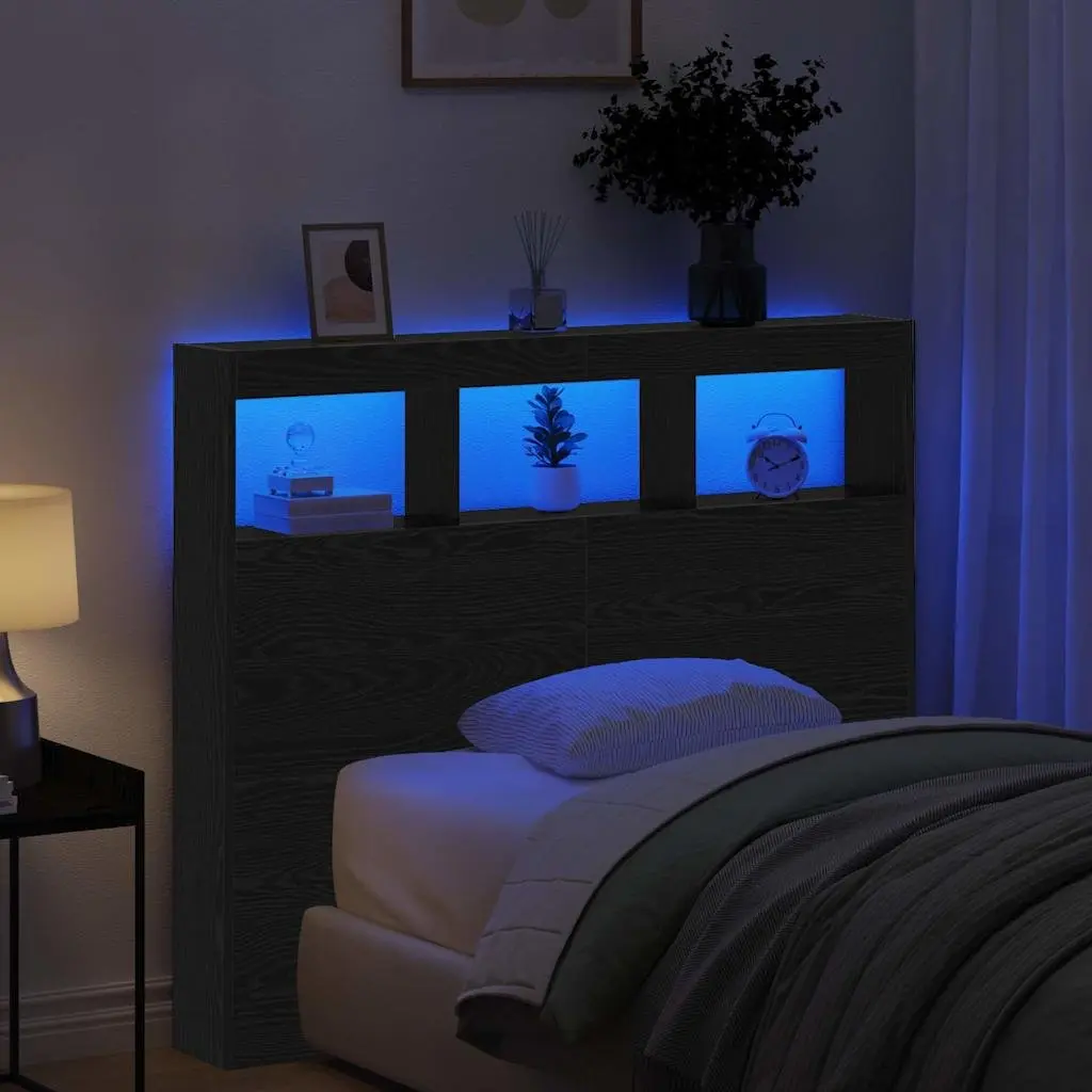 Black Oak LED Headboard with USB Power for Bedrooms