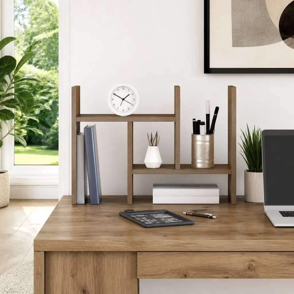 Desk Organiser Engineered Wood Office Storage Compartments Tidy Workspace Brown