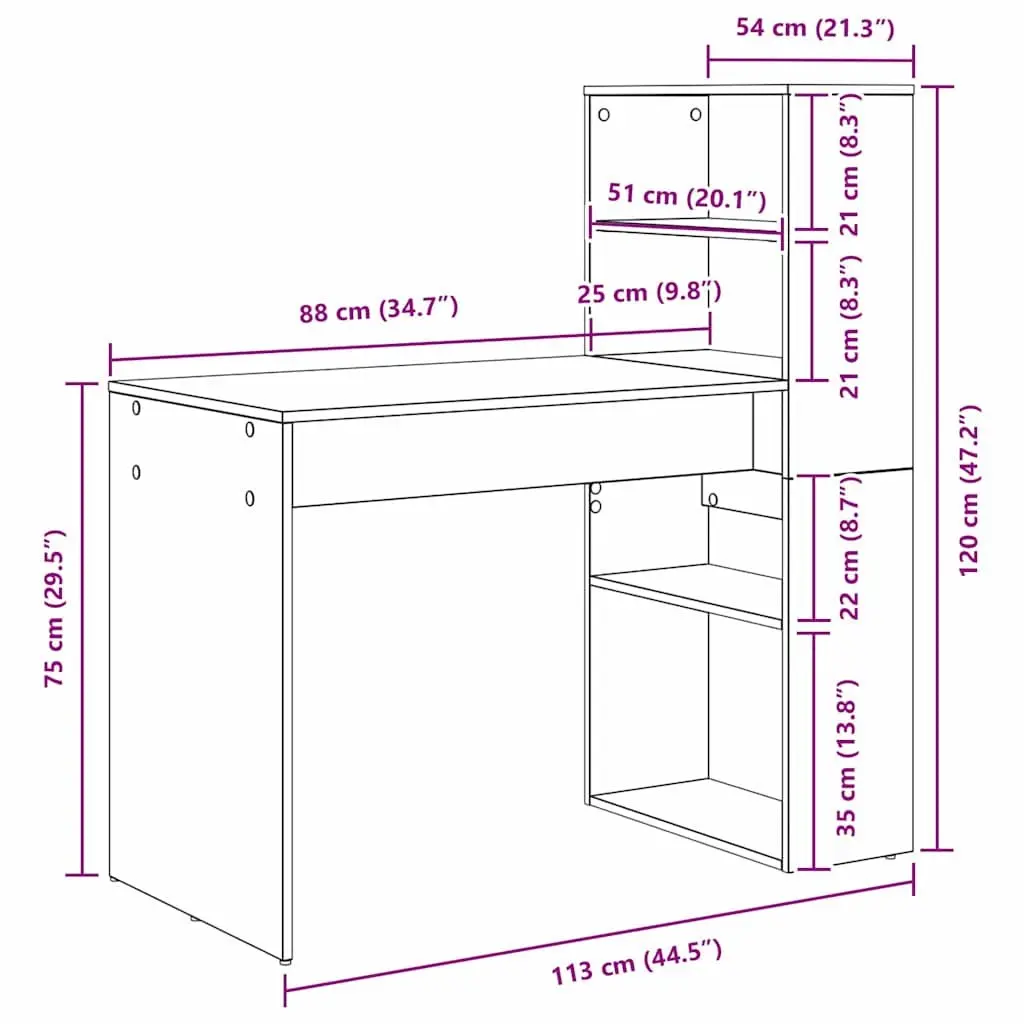White Study Desk with Integrated Shelves 113x54x120cm