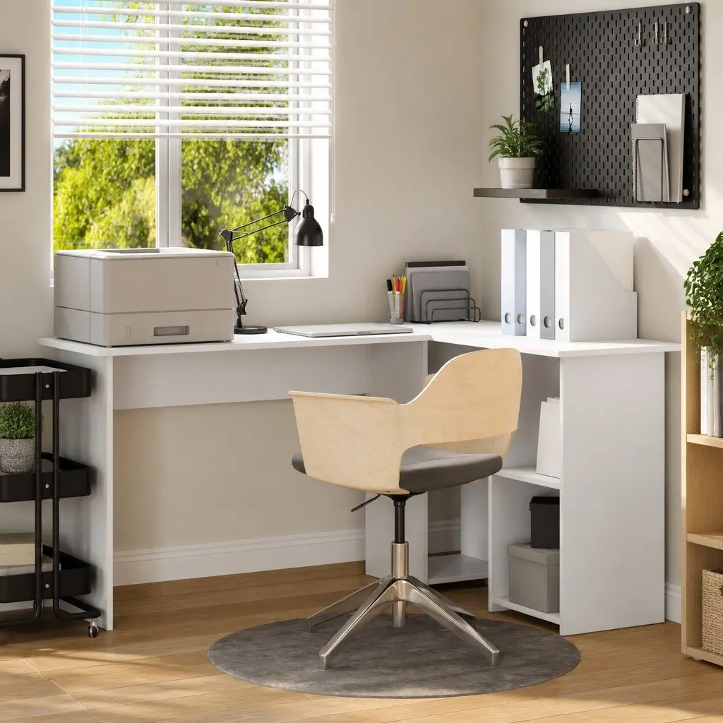 White Corner Desk with Shelves Home Office Study Computer Workspace 142x102x73cm