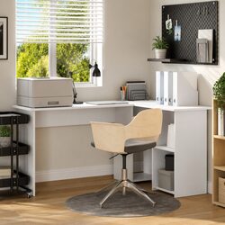 Inviting White Corner Desk with Shelves for Home Office
