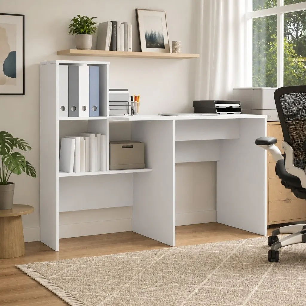 White Engineered Wood Desk with Integrated Storage Shelves