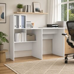 White Engineered Wood Desk with Integrated Storage Shelves