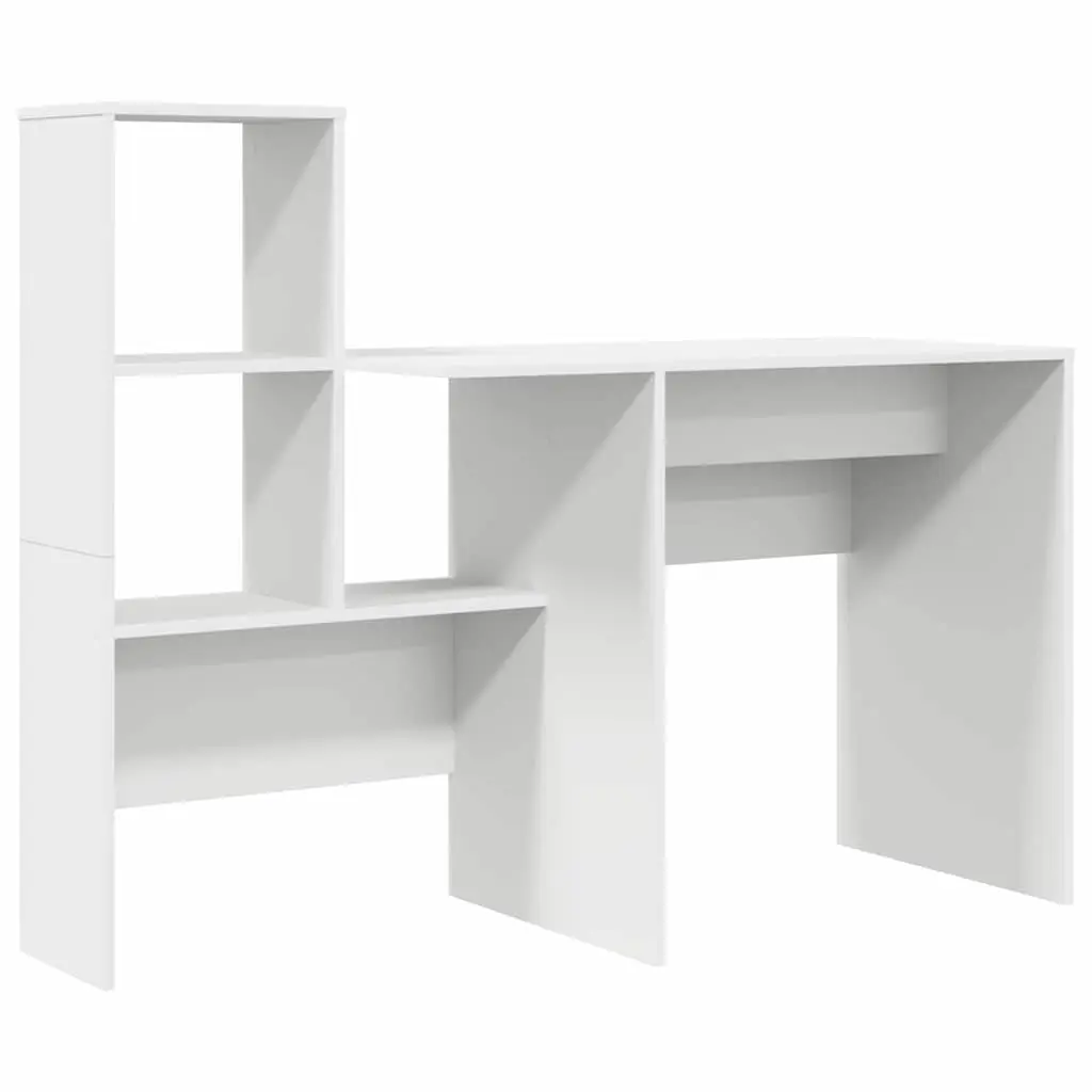 White Engineered Wood Desk with Integrated Storage Shelves