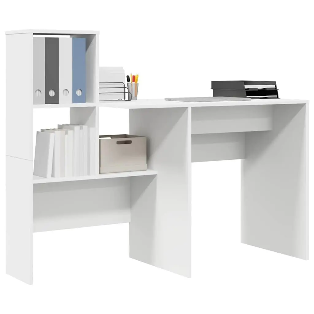 White Engineered Wood Desk with Integrated Storage Shelves