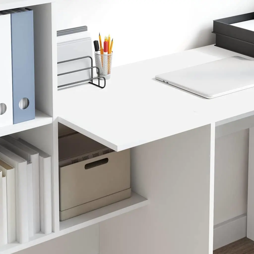 White Engineered Wood Desk with Integrated Storage Shelves