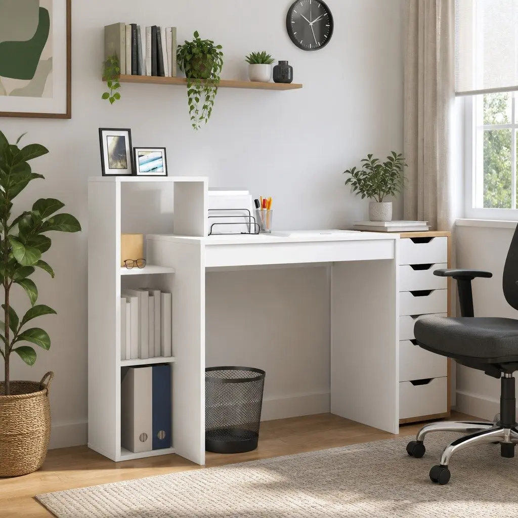 White Desk with Integrated Shelf for Home Office
