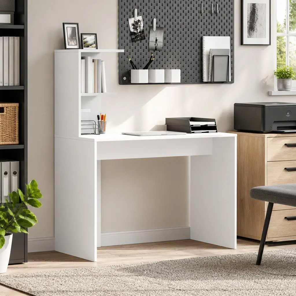 White Computer Desk with Built-in Shelves Storage Office Workstation Study Table