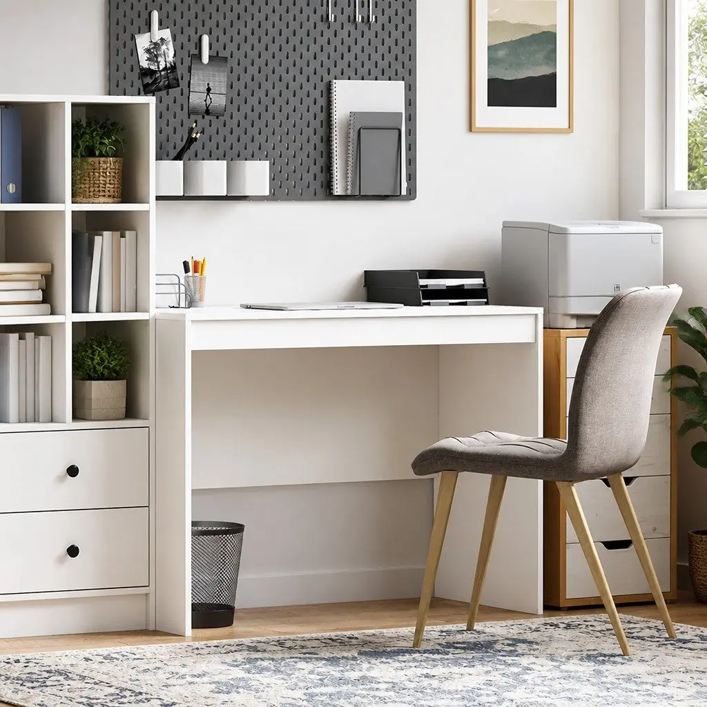 White Writing Desk Compact Office Home Study Engineered Wood Modern Minimalist