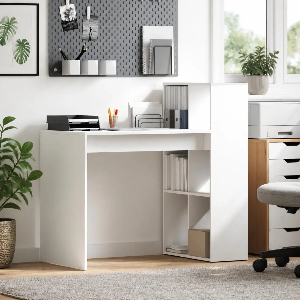 Computer Desk with Shelf Modern Office Workspace Storage White Engineered Wood