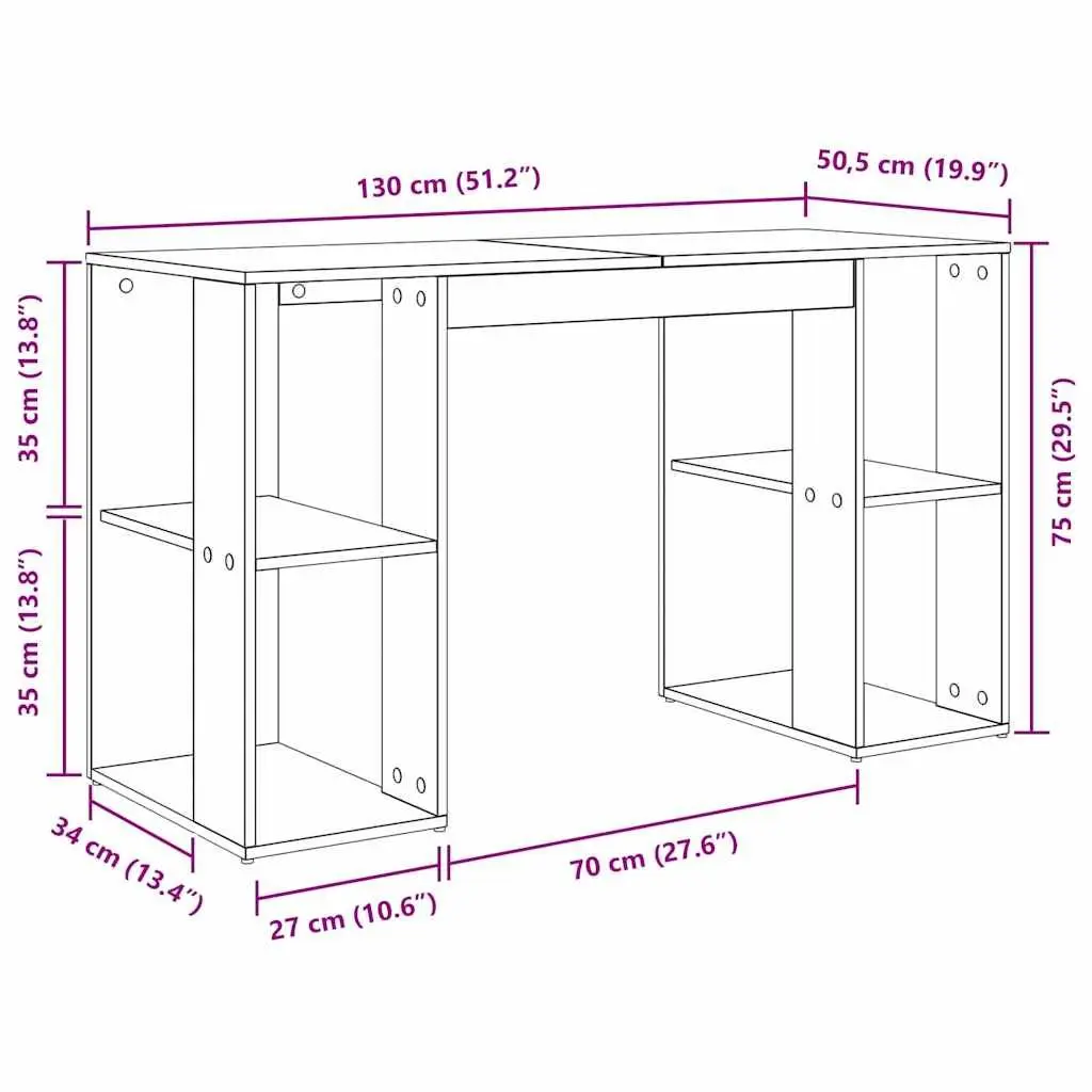 Desk with Shelf White 130 x 50.5 x 75 cm Engineered Wood Storage Office Computer Workspace