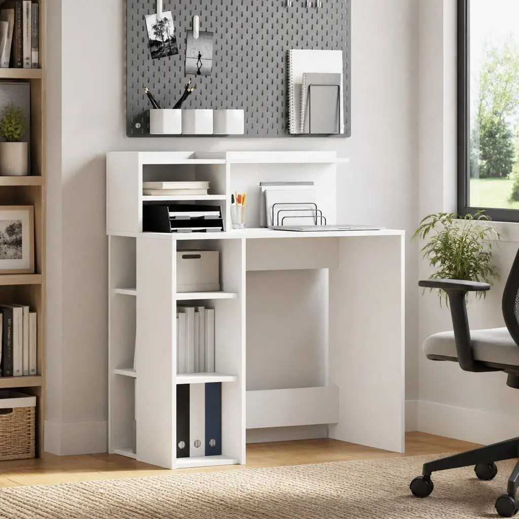 White Desk with Shelf 90 x 48 x 101.5 cm Office Writing Table Storage