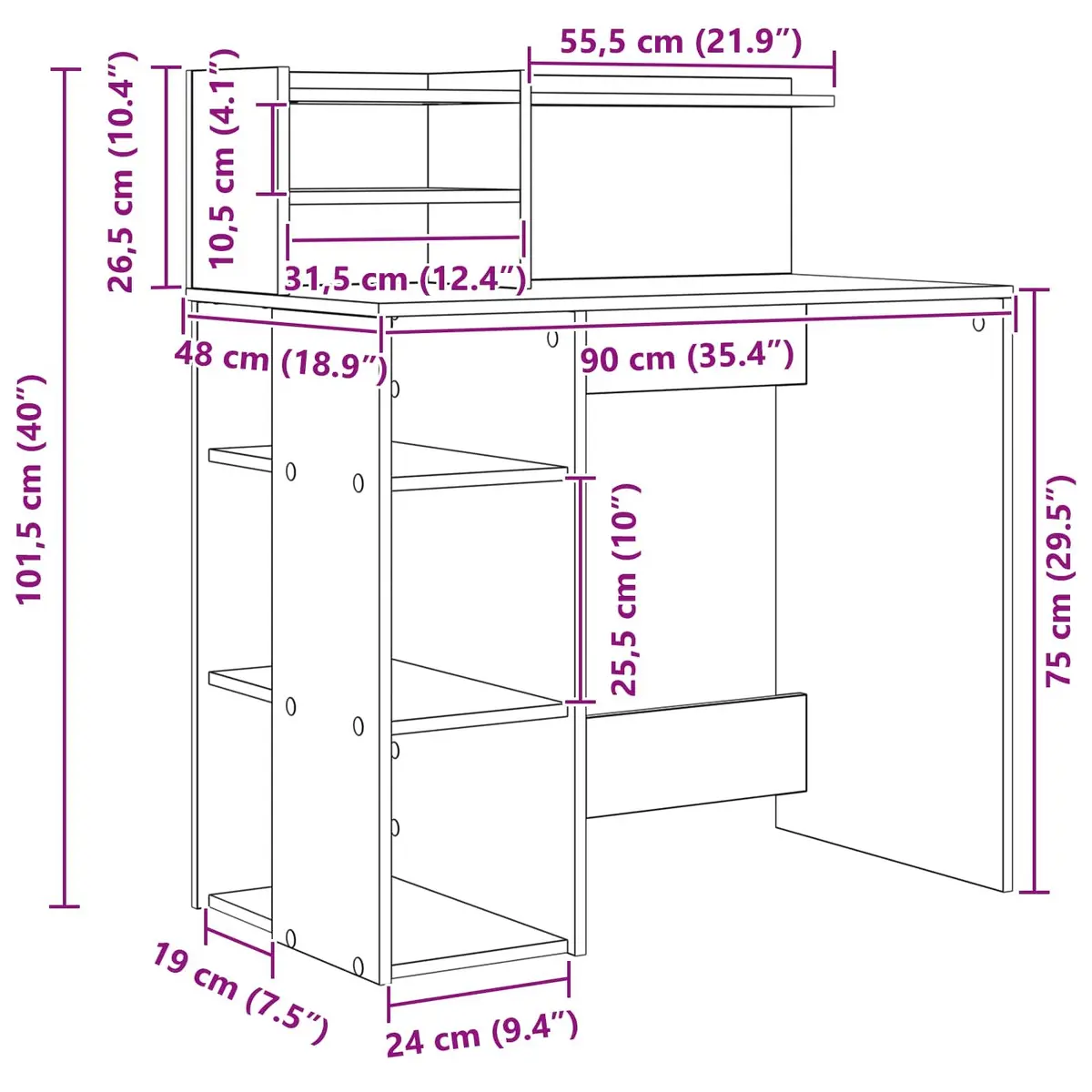 White Desk with Shelf 90 x 48 x 101.5 cm Office Writing Table Storage