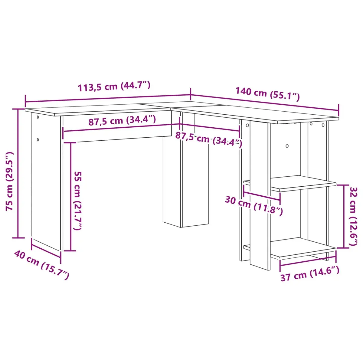 White Corner Desk 140 x 113.5 x 75 cm Engineered Wood