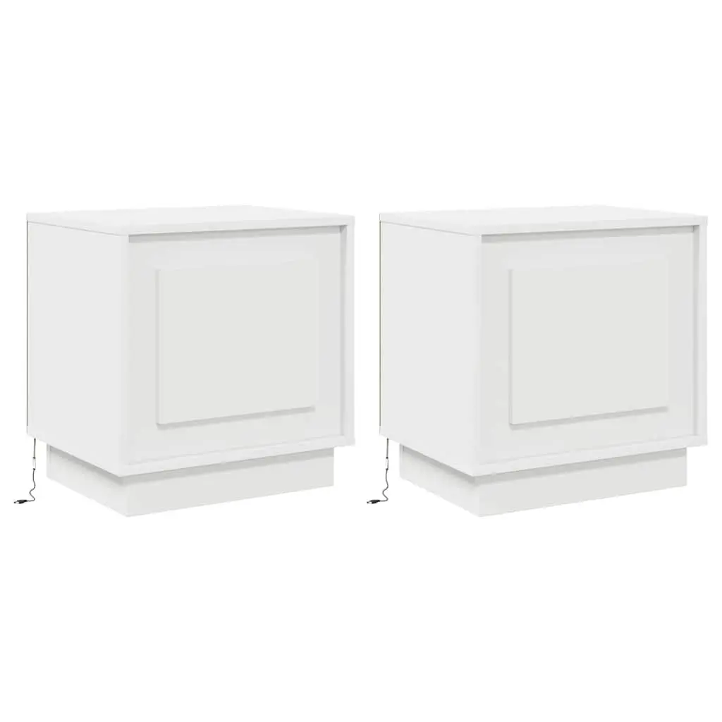 Bedside Cabinet 2 pcs White Engineered Wood Nightstand Table LED USB Storage