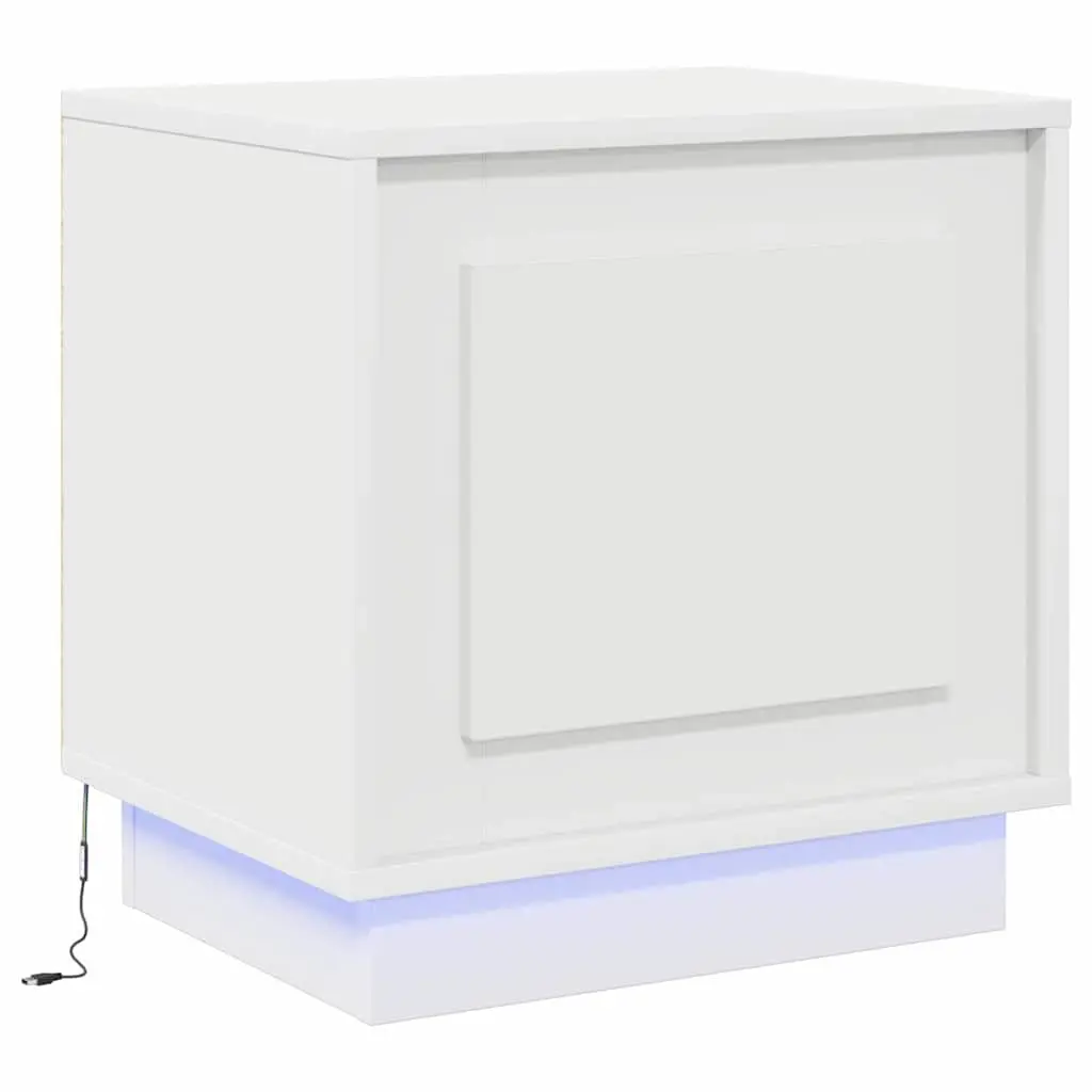 Bedside Cabinet 2 pcs White Engineered Wood Nightstand Table LED USB Storage
