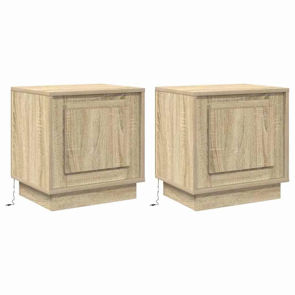 Bedside Cabinet 2 pcs with LED Strip Lights USB Port Bedroom Nightstand Storage
