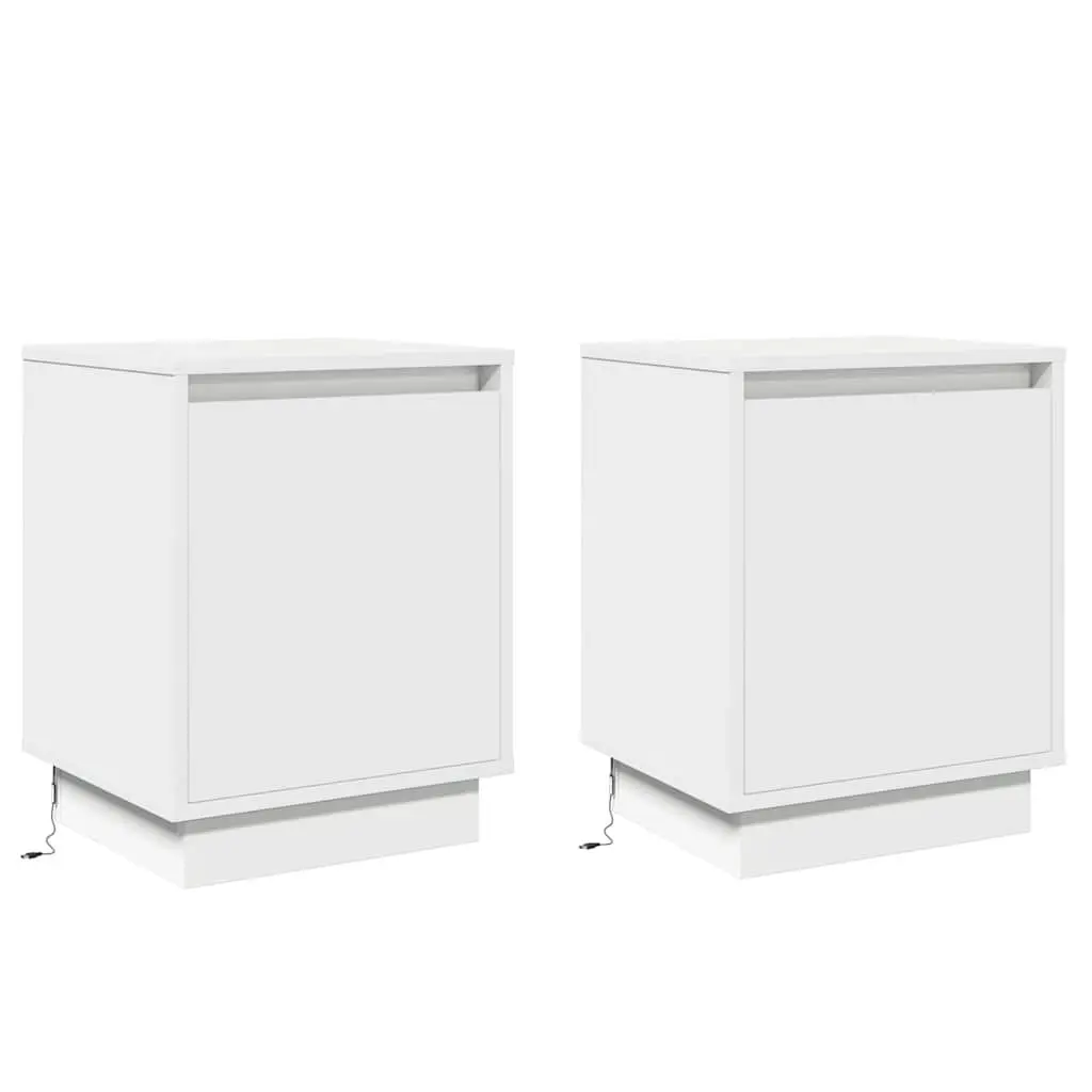 Bedside Cabinet White Engineered Wood Hinge Door USB LED Lighting 2 Piece