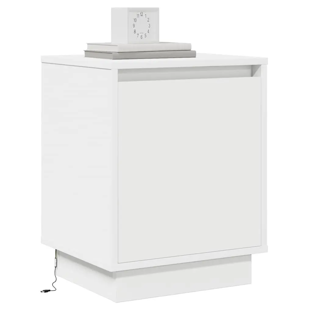 Bedside Cabinet White Engineered Wood Hinge Door USB LED Lighting 2 Piece