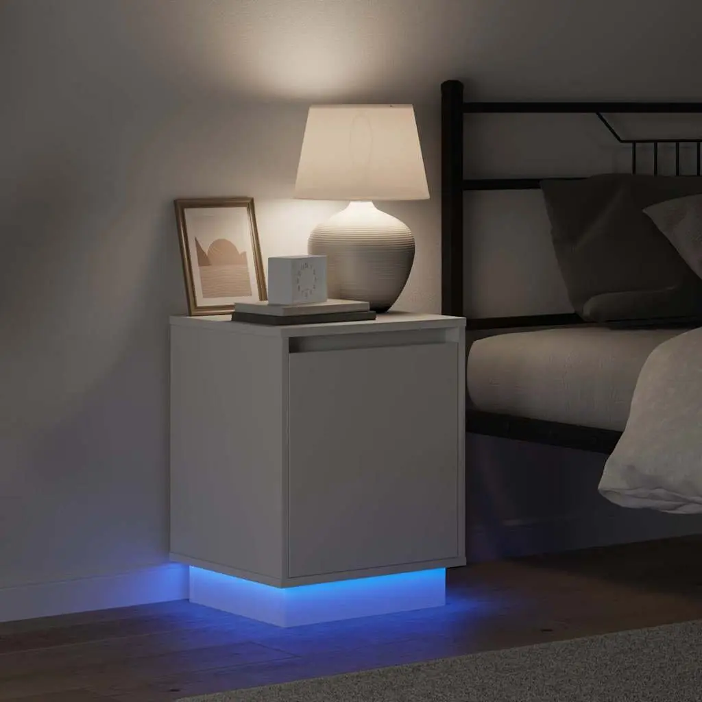 Bedside Cabinet White Engineered Wood Hinge Door USB LED Lighting 2 Piece