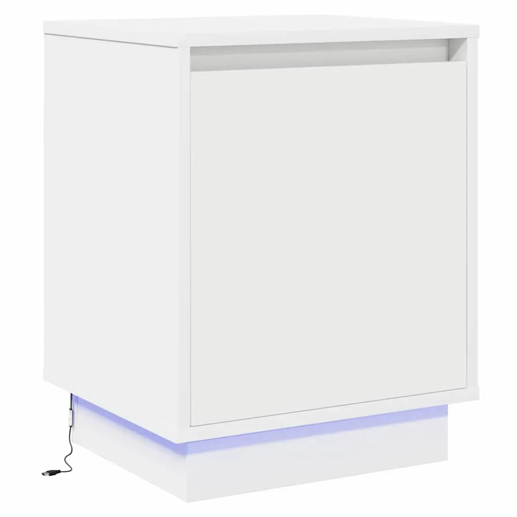 Bedside Cabinet White Engineered Wood Hinge Door USB LED Lighting 2 Piece