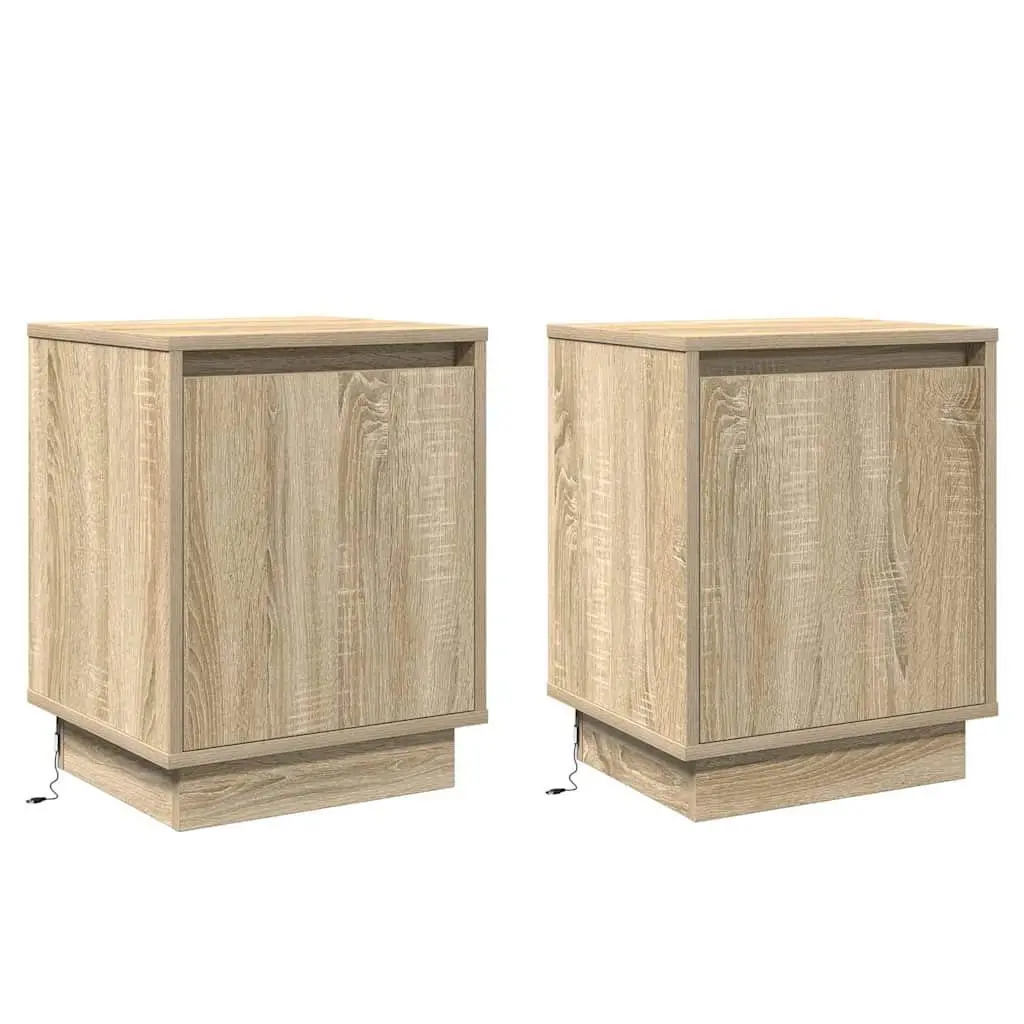 Bedside Cabinet 2 pcs Brown Modern Bedroom Storage Hinge Door USB LED Light