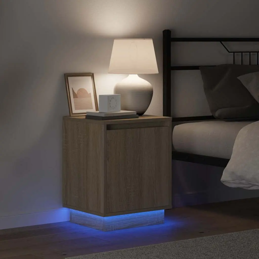 Bedside Cabinet 2 pcs Brown Modern Bedroom Storage Hinge Door USB LED Light