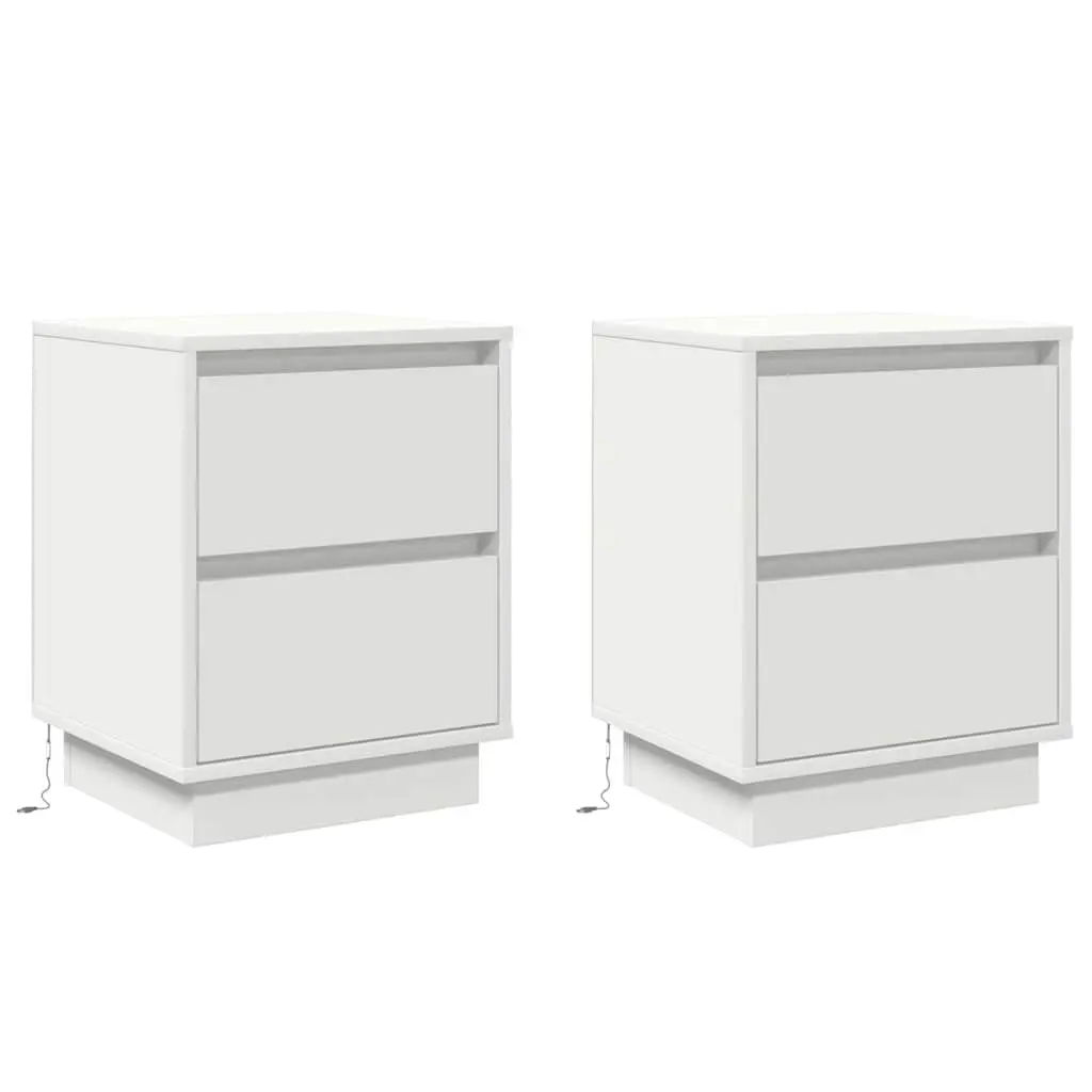 Bedside Cabinet White 2 Piece Engineered Wood Nightstand with LED String Lights
