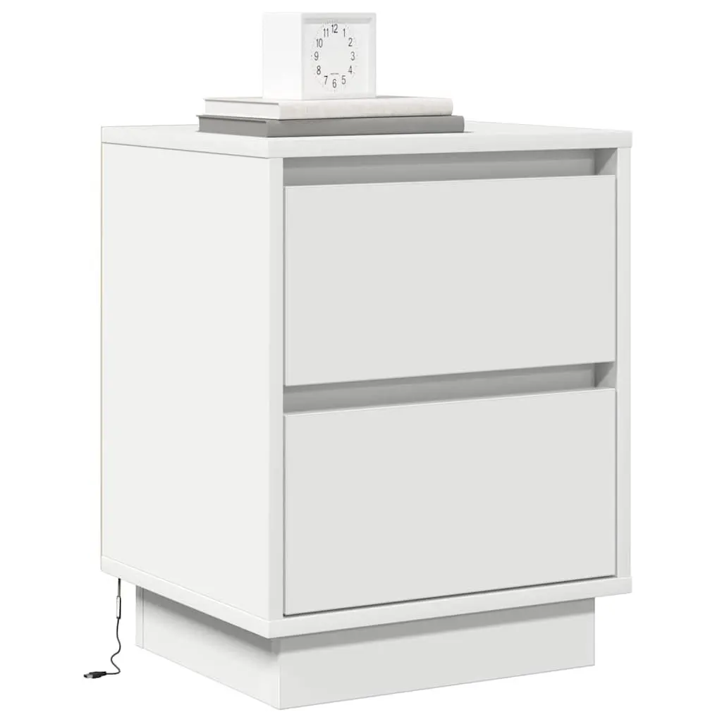 Bedside Cabinet White 2 Piece Engineered Wood Nightstand with LED String Lights