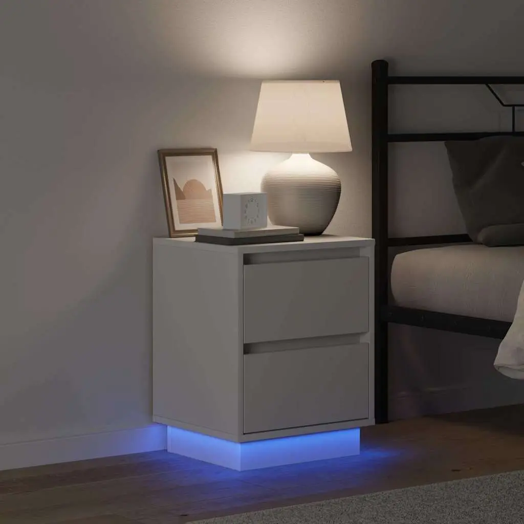 Bedside Cabinet White 2 Piece Engineered Wood Nightstand with LED String Lights