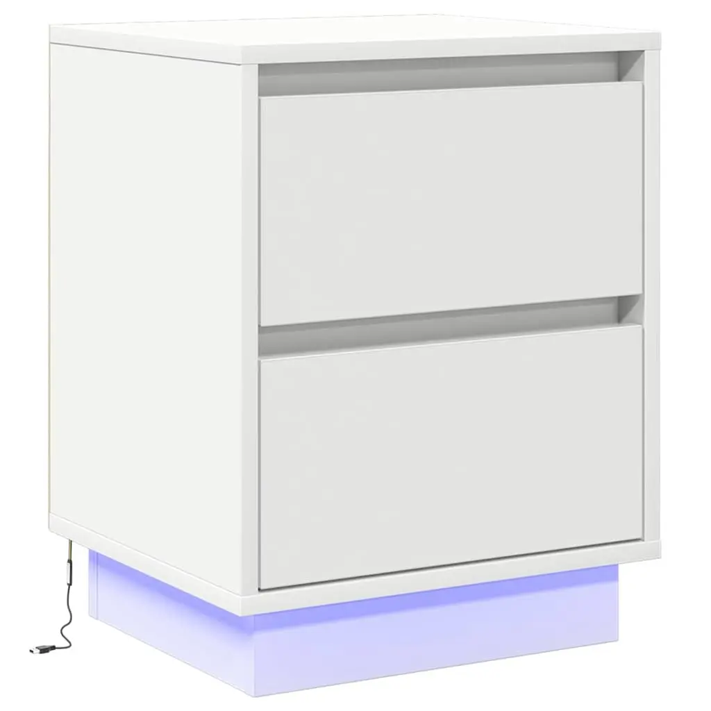 Bedside Cabinet White 2 Piece Engineered Wood Nightstand with LED String Lights