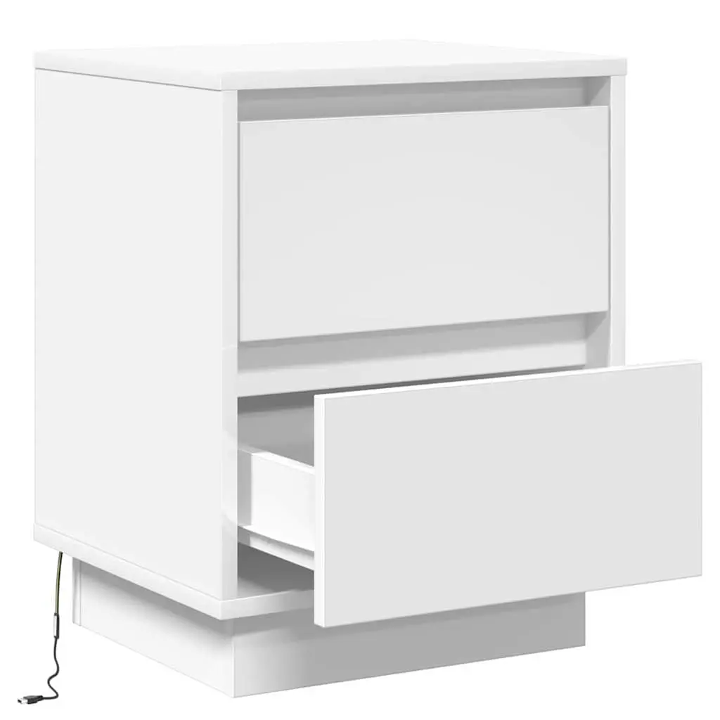 Bedside Cabinet White 2 Piece Engineered Wood Nightstand with LED String Lights