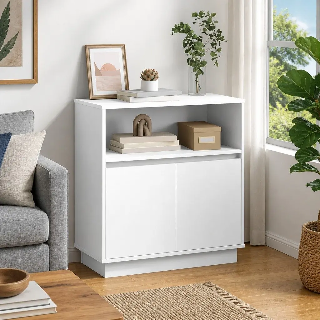 LED Sideboard White Modern Storage Cabinet Engineered Wood Hinged Doors Dining